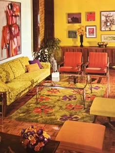 a living room with yellow walls and colorful furniture