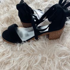 Nwt. Never Worn. Size 7 Casual Suede Sandals For Party, Black Suede Summer Sandals, Black Suede Sandals For Summer, Black Suede Wedge Sandals For Summer, Casual Suede Sandals With Wrapped Heel, Black Suede Wedge Heel Sandals, Casual Adjustable Block Heel Shoes, Casual Adjustable Block Heels, Casual Sandals With Block Wrapped Heel