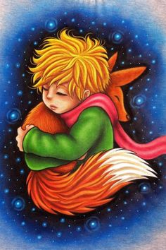 a painting of a boy with blonde hair holding a fox in his arms and looking at the sky