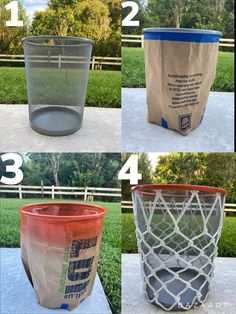 four pictures showing different types of trash cans