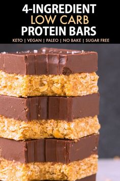 four ingredient low carb protein bars stacked on top of each other with text overlay