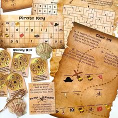 an old pirate board game is shown with its contents and instructions on the back ground