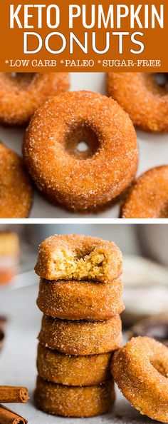 there are several donuts stacked on top of each other with cinnamon sticks in the background