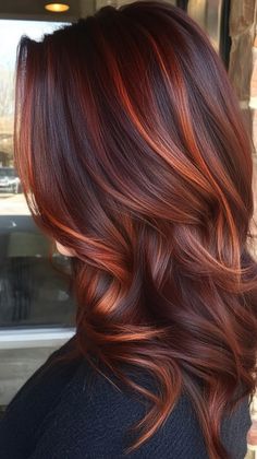 Capture the vibrant hues of a sunset with bright copper hair color that shines. Visit our page for tips on achieving this radiant look. Save this pin for sunset-inspired hair ideas! Tags: #BrightCopperSunset #HairColor #VibrantHues Auburn Peekaboo Highlights, Maroon Lowlights Blonde Hair With, Fire Red Balayage Hair, High Low Lights Hair Dark Brown Red Highlights, Fall Ombre Hair Color, Dark Red And Copper Hair, Fall Hair Colors Medium Length, Dark Red With Copper Highlights, Copper Hair On Fair Skin