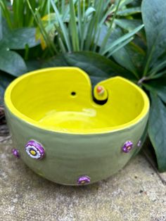 a yellow and green bowl sitting on top of a stone floor next to plants with purple flowers