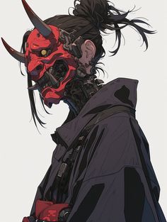 an anime character with long black hair and horns on his head, wearing a red demon mask