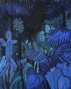 a painting of blue plants and trees in the night sky with a person walking through it