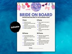 the bride on board game is shown in front of blue water with bubbles and confetti