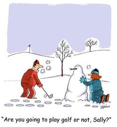 two people are playing golf in the snow with a snowman and another person behind them