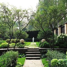 an outdoor garden with steps leading up to trees and bushes in the foreground, surrounded by greenery