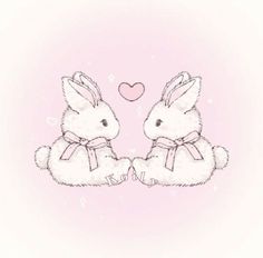 two white rabbits sitting next to each other with a heart in the background on a pink background