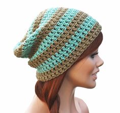 Crochet Beige Mint Beanie- Slouch Beanie - Ultimate Slacker Striped Beanie Hat Striped Beanie, Beanie Hat, Stay Warm, Color Combinations, Crochet Projects, Knit Crochet