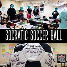 a soccer ball with words written on it and people standing around in the background talking to each other