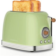 a green toaster with two slices of bread on it and one slice is missing