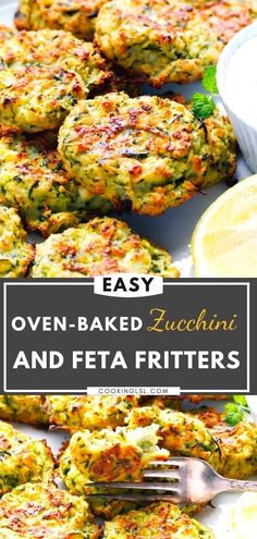 an easy oven baked zucchini and feta fritters with lemon wedges