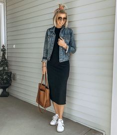 Outfits For 2023 Spring, Black Dress Day Outfit Casual, Dresses With Casual Shoes, 40 Dress Style Over 40, September Dresses Casual, Black Dress And Sneakers Outfit Casual, Black Midi Dress Styling, Dress Down Black Dress, Black Dress Tennis Shoes Outfit