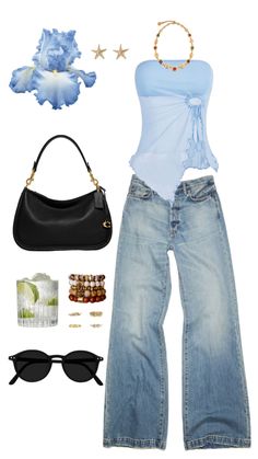 a woman's outfit including jeans, sunglasses and a handbag