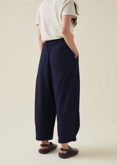 Indigo Cotton Twill Wide Leg Pants | Indigo | TOAST Cotton Culottes With Elastic Waistband, Boxy Fit Cotton Bottoms For Work, Casual Cotton Culottes For Work, Relaxed Fit Wide Leg Bottoms With Slip Pockets, Relaxed Fit Straight Leg Culottes With Pockets, Cotton Culottes For Workwear, Workwear Culottes With Elastic Waistband And Cropped Leg, Workwear Culottes With Elastic Waistband, Elastic Waistband Culottes For Workwear