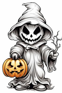 a cartoon halloween ghost holding a jack o lantern