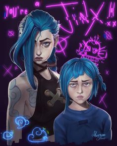 two people with blue hair standing next to each other