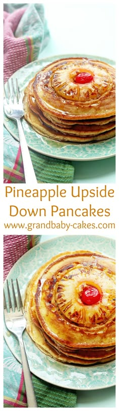 pineapple upside down pancakes on a green plate with fork and knife next to it