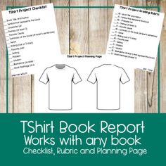 two white shirts with the words tshirt book report works with any book checklist, rubs and planning page