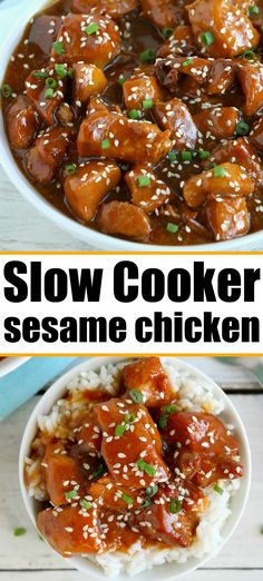 slow cooker sesame chicken in a bowl with rice