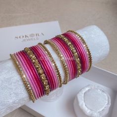 2 small half stacks of  Antique Gold bangles mixed with Gold stonework and a beautiful Ombre of pink shades.  Ready to Ship! Packed loose in small gift box as shown. (No roll) Indian Bangles, Queen Jewelry