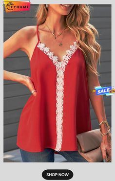 Red Lace V Neck Stitching Tank Top Red V-neck Top With Lace Trim, Red Lace Trim Tops For Spring, Red Lace Trim Top For Summer, Neck Stitching, Red Lace, Contrasting Colors, Tank Top Fashion, Latest Fashion Trends, Daily Wear