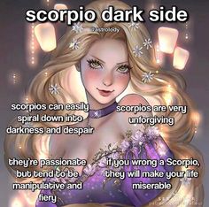 a woman with long blonde hair wearing a purple dress and text that reads scorpio dark side