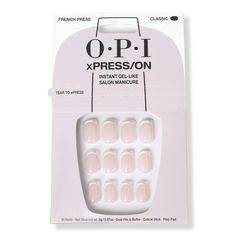 xPRESS/On French Press On Nails -  OPI xPRESS/ON French Press - Be ultra chic in classic French tip press on nails.    Benefits     14 days of seriously head-turning wear Reusable press-on nails so you can press again and again and again Sustainability on point! Tips and packaging are made with up to 94% post consumer recycled materials.     Features     Oh la la! You'll be tres chic in these classic French tip press-on nails These classic French tip press-on nails are available in a short, roun Lee Press On Nails, Natural Nail Tips, Parfum Givenchy, French Tip Nail Art, Nail Effects, Tip Nails, Pedicure Nail Art, Opi Nails, Beauty Nail