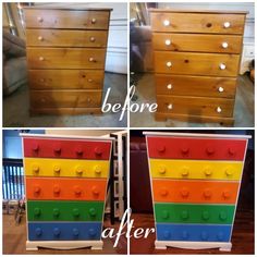 before and after photos of an old dresser with legos on the bottom, then painted white