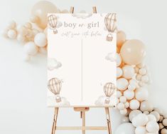 a baby shower sign with balloons around it and a ladder to the side that says boy or girl