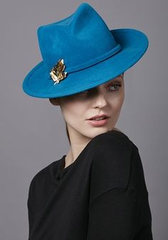 R17W21 - Turquoise velour felt trilby with gold maple leaf brooch Types Of Hats For Women, Occasion Hats, Embellishment Details, Millinery Hats, Leaf Brooch, Fascinator Hats