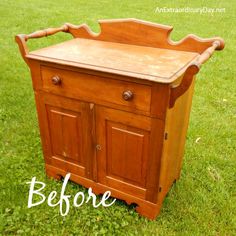 an old wooden cabinet sitting in the grass with words before and after it has been painted