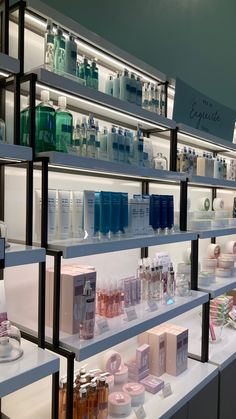 the shelves are filled with many different types of cosmetics and personal care products for sale