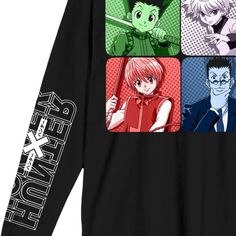 Stay warm and cozy while you celebrate your favorite anime characters with this Hunter x Hunter tee. The shirt features images of Gon Freecss, Killua Zoldyck, Kurapika, and Leorial in green, silver, red, and blue panels while the series logo appears on the back of the tee. Black and white letters spell out the show's title on the right sleeve. The tee comes in a black long sleeve crew neck. Fans of the Hunter x Hunter anime series will love this comfy and cozy tee. Black And White Letters, Hunter X Hunter Anime, Gon Freecss, Hunter Fans, Blue Panels, Killua Zoldyck, Black Graphic Tees, Hunter Anime, Sleeve Packaging