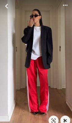 Blazer And Track Pants, Track Pants And Blazer Outfit, Red Linen Pants Outfit, Adidas Firebird Pants Outfit, Adibreak Pants Outfit, Red Pants Outfit