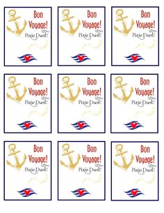 four different labels with an anchor and the words bon voyage on them in red, white, and blue