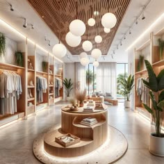 the inside of a clothing store with wooden shelves