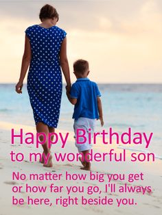 a mother and son walking on the beach with happy birthday card for their child's name