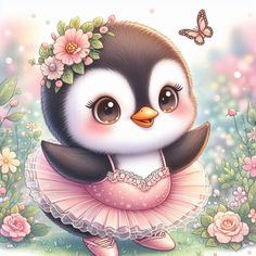 a cute little penguin in a pink dress with flowers on her head and butterflies flying around