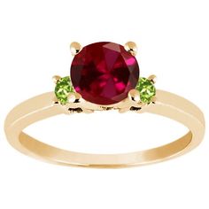 The ring is set with Red Created Ruby, Green peridot and crafted in Solid 925 Yellow Gold Plated Silver. Total gem weight is 1.14 cttw. Size: 6.  Gender: female.  Age Group: adult. Red Multi-stone Birthstone Ring, Round Peridot Three Stone Jewelry, Round Peridot Three-stone Jewelry, Three Stone Lab-created Ruby Jewelry, Three Stone Round Lab-created Ruby Jewelry, Three Stone May Birthstone Ring, Peach Morganite Ring, Unique Engagement Rings Rose Gold, White Gold Promise Ring