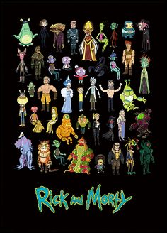 an image of rick and mort characters in the style of cartoon character drawings on a black background