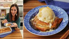 a woman sitting at a table with food in front of her and an image of a bowl of ice cream