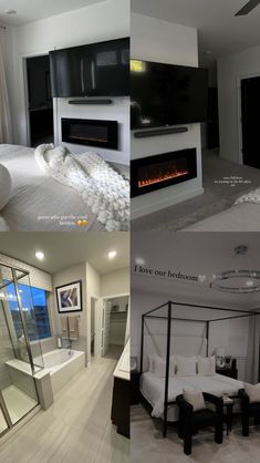 three different views of a bedroom with fireplace, bed and bathtub in the same room