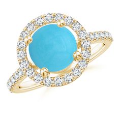 Floating amid a brilliant halo is a round turquoise in prong setting. The shimmering diamonds encrusted around the vibrant blue gem and on the shank lend a luxurious appeal. This beautiful turquoise ring is crafted in 14k yellow gold. Ring With Diamond, Blue Gems, Turquoise Rings, Vibrant Blue, Halo Ring, Halo Rings, Prong Setting, Turquoise Ring, Halo