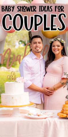 a pregnant couple standing in front of a cake with the words baby shower ideas for couples