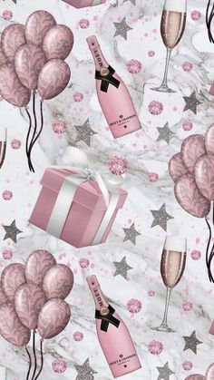 pink champagne and balloons on a white background with silver stars, confetti and starbursts