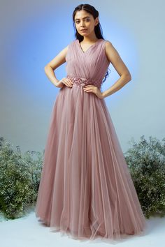 Featuring a mauve gown in net and tulle base with an attached matching embroidered belt.  FIT: Fitted at bust. COMPOSITION: Net, Tulle. CARE: Dry clean only. Mauve Gown, Gown Indian, Green Lehenga, Embroidered Belt, New Address, Tulle Gown, Pernia Pop Up Shop, Change Of Address, The Change